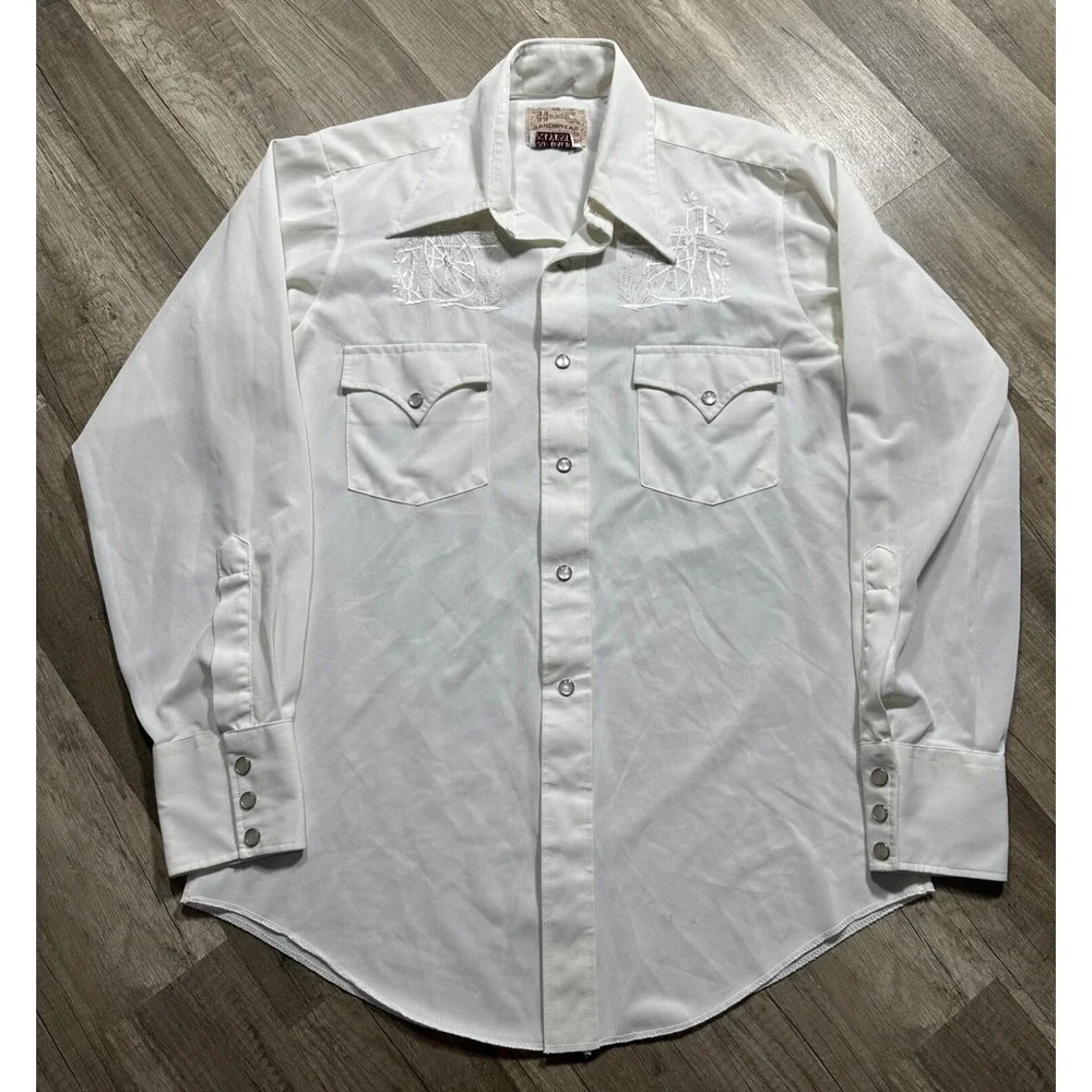 Vtg H BAR C Western Shirt Mens Wagon Wheel Pearl Snap Permanent Press‎ White